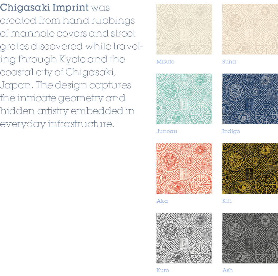 Indigo,Kin,Ash,Suna,Juneau,Aka,Kuro,Misuto,Chigasaki Imprint was created from hand rubbings of manhole covers and str...