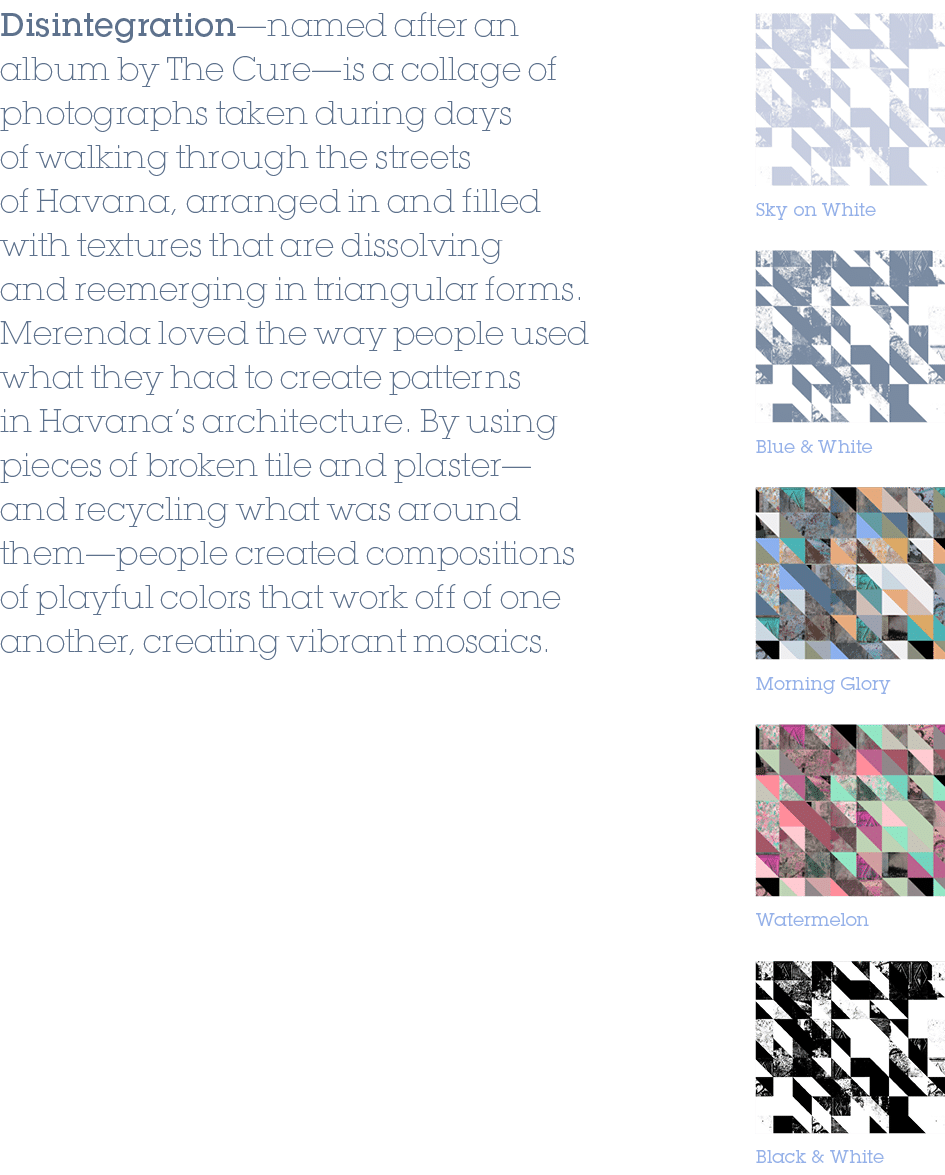 Blue & White,Morning Glory,Watermelon,Black & White,Sky on White,Disintegration—named after an album by The Cure—is a...