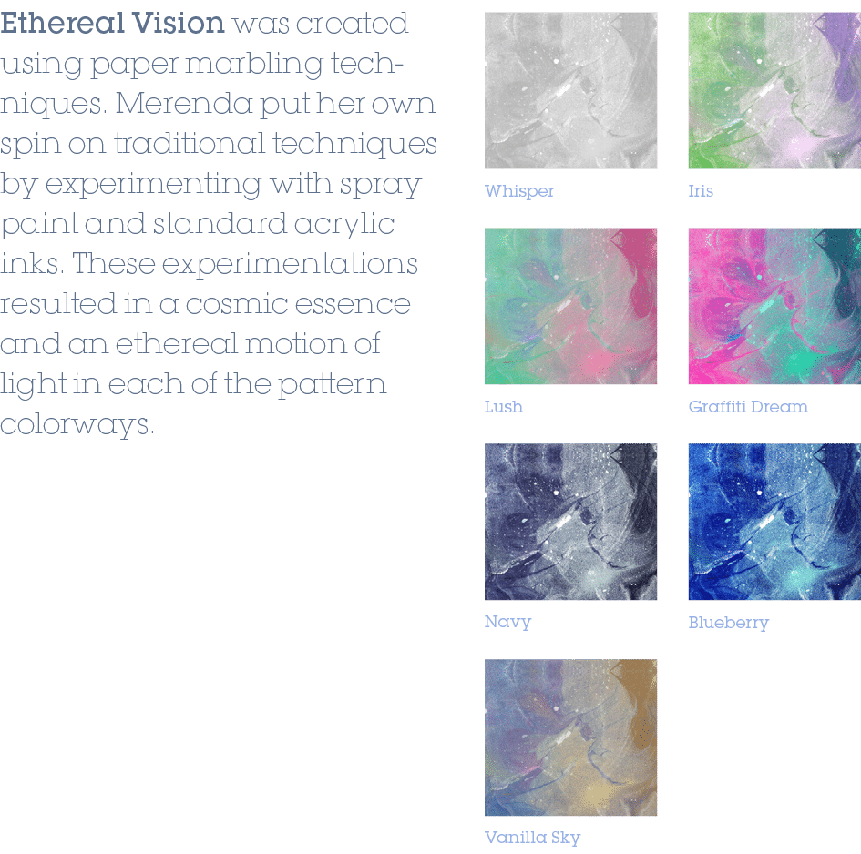 Lush,Blueberry,Navy,Graffiti Dream,Vanilla Sky,Iris,Whisper,Ethereal Vision was created using paper marbling techniqu...