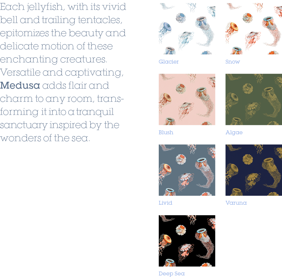 Algae,Blush,Varuna,Livid,Deep Sea,Snow,Glacier,Each jellyfish, with its vivid bell and trailing tentacles, epitomizes...